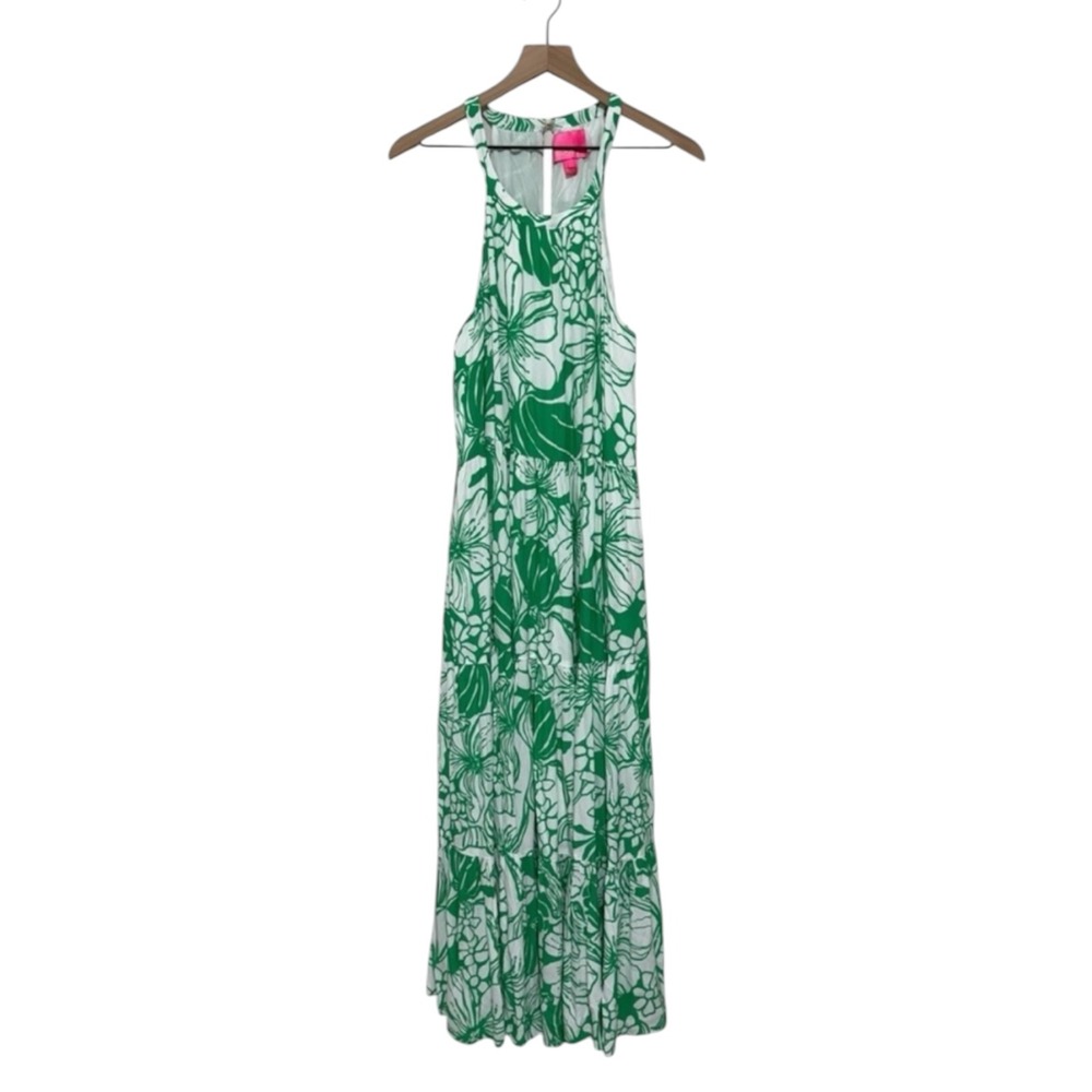 Lilly Pulitzer Green White Tropical Floral Maxi Dress Size L Sleeveless Resort - Picture 2 of 14